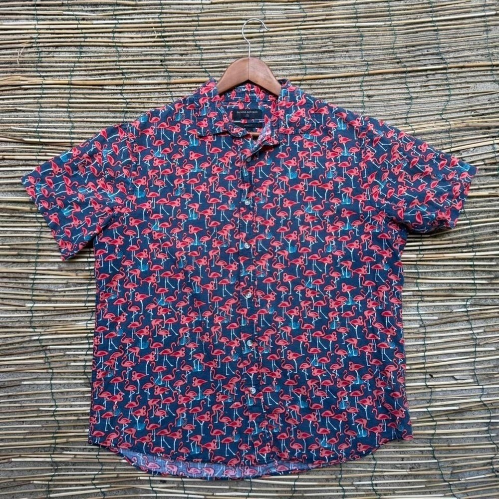 Banana Republic Linen Cotton Flamingo Print Shirt Size Large Short Sleeve Summer